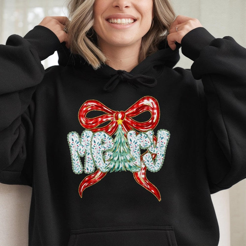 Coquette Bow Tree Hoodie, Merry Christmas Hoodie, Floral Christmas Hooded Sweatshirt, Preppy Holiday Pullover, Festive Present for Her