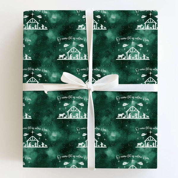 Nativity Scene Christmas Gift Wrap, O Come Let Us Adore Him Wrapping Paper, Christian Holiday Paper, Emerald Green Holy Famil