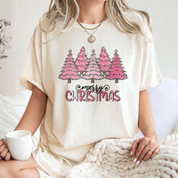 Merry Christmas T-Shirt, Pink Leopard Christmas Tree Shirt, Pink Holiday Trees Graphic Tee, Adorable Festive Christmas Shirt, Present for Her