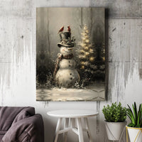 Cardinals on Top Hat Snowman Print, Vintage Snowman Canvas Art, Rustic Winter Snowman Canvas Decor, Holiday Wall Art, Christmas Home Present