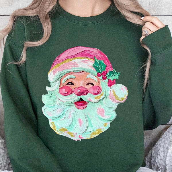 Oil Painting Brushstroke Graphic Sweater, Retro Santa Christmas Sweatshirt, Preppy Holiday Crewneck, Aesthetic Xmas Pullover 