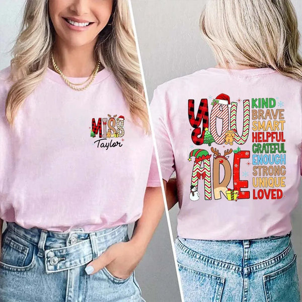 Custom Name Holiday Educator Shirt, Personalized Christmas Teacher T-Shirt, Two Sided Festive Graphic Tee, Xmas Teacher Seaso