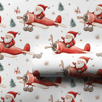 Watercolor Aviation Christmas Gift Wrap, Santa Flying Airplane Wrapping Paper, Vintage Red Plane Wrapping Paper, Pilot Holiday Gift Wrap