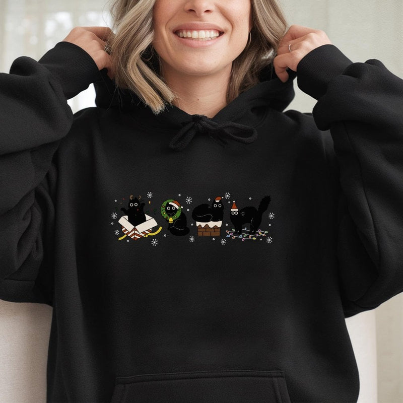 Festive Holiday Kitten Hooded Sweatshirt, Christmas Black Cat Hoodie, Adorable Winter Black Cat Sweater, Comfy Christmas Cat Pullover Hoodie