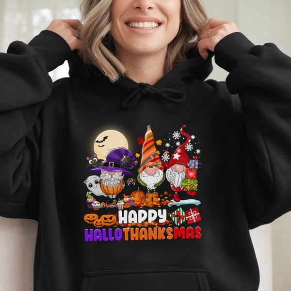 Humorous Gnome Pumpkin Santa Sweatshirt, Hallothanksmas Hoodie, Halloween Thanksgiving Christmas Pullover, Adorable Autumn Wi