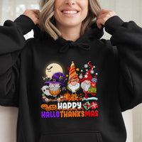 Humorous Gnome Pumpkin Santa Sweatshirt, Hallothanksmas Hoodie, Halloween Thanksgiving Christmas Pullover, Adorable Autumn Winter Holiday Hoodie