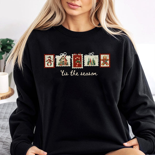 Retro Winter Postage Stamp Crewneck, Tis the Season Christmas Sweatshirt, Comfy Holiday Aesthetic Sweater, Adorable Xmas Pull