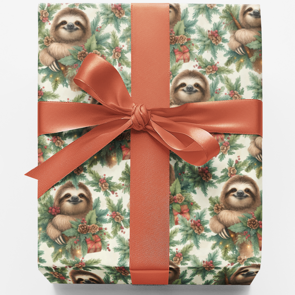 Slow and Mistletoe Holiday Gift Wrap, Adorable Sloth Christmas Wrapping Paper, Humorous Animal Xmas Wrapping Paper, Winter Ho