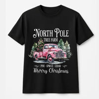 Vintage Pink Truck Christmas Shirt, North Pole Tree Farm T-Shirt, Retro Holiday Graphic Tee, Adorable Farmhouse Winter T-Shirt, Present for Her