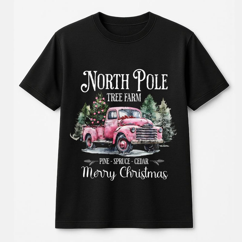 Vintage Pink Truck Christmas Shirt, North Pole Tree Farm T-Shirt, Retro Holiday Graphic Tee, Adorable Farmhouse Winter T-Shirt, Present for Her