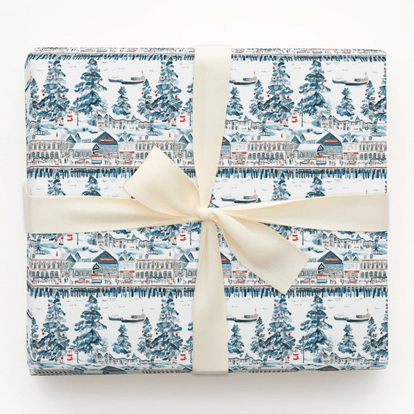 Snowy Harbor Village Gift Wrap, Coastal Christmas Wrapping Paper, Watercolor Nautical Pier Wrapping Paper, Seaside Holiday Gi