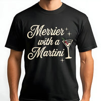 Retro Christmas Cocktail Graphic Tee, Merrier with a Martini Shirt, Humorous Holiday Drinking T-Shirt, Vintage Xmas Party Graphic T-Shirt