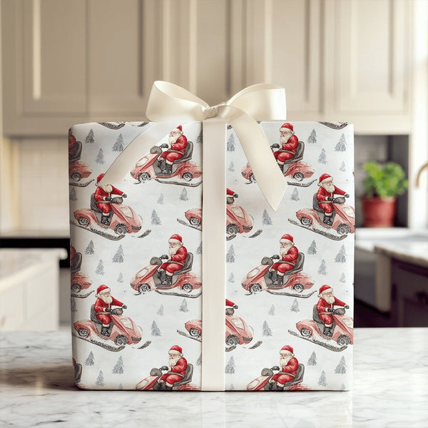 Watercolor Snowmobile Gift Wrap, Santa Snowmobile Christmas Wrapping Paper, Santa Claus Holiday Wrapping Paper, Festive Gift 