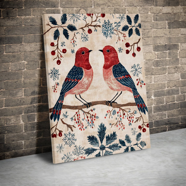 Folk Art Robins Canvas Print, Winter Birds Canvas Art, Snowflakes and Berries Wall Art, Rustic Holiday Canvas Decor, Christma