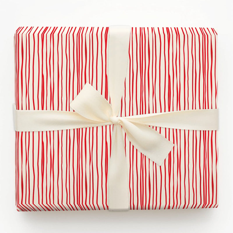 Hand-Drawn Vertical Stripe Gift Wrap, Red and Cream Striped Wrapping Paper, Minimalist Holiday Wrapping Paper, Christmas Gift Wrap Roll