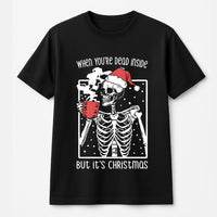 Coffee Drinking Skull Tee, Dead Inside Skeleton Christmas T-Shirt, Sarcastic Goth Holiday Shirt, Humorous Spooky Xmas Present for Men