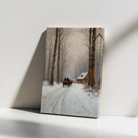Horse Drawn Carriage Snowy Cabin Scene, Winter Forest Canvas Art, Rustic Christmas Landscape Wall Decor, Holiday Present