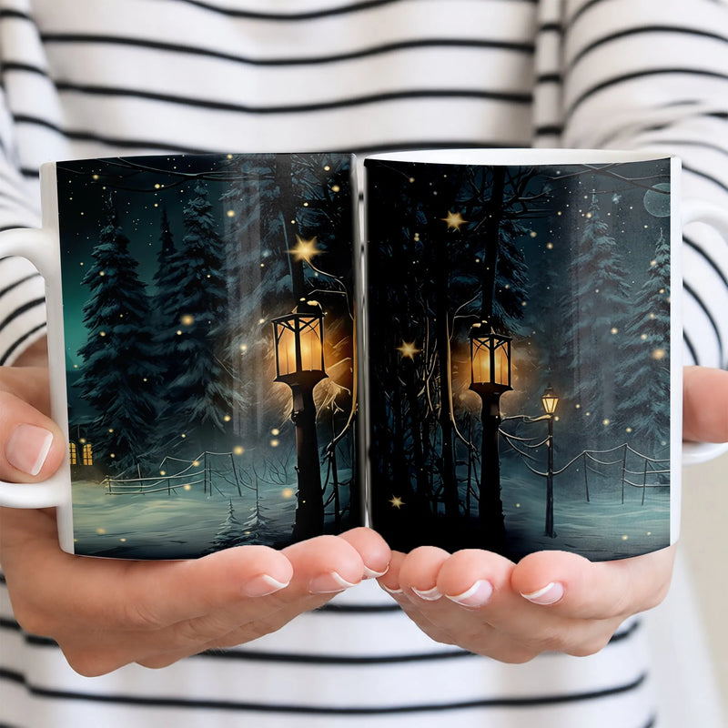 Glowing Lanterns Snowy Pine Trees Coffee Mug, Enchanted Winter Forest Ceramic Mug, Comfy Landscape Tea Cup, Christmas Holiday Present Mug