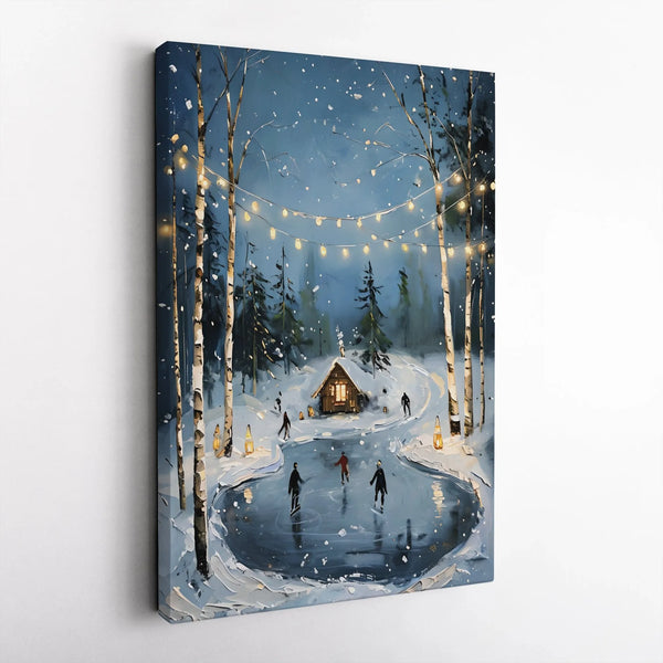 Snowy Cabin Christmas Canvas Print, Winter Ice Skating Canvas Wall Art, Comfy Holiday Wall Decor, Winter Scene Canvas Wall Ar