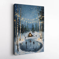 Snowy Cabin Christmas Canvas Print, Winter Ice Skating Canvas Wall Art, Comfy Holiday Wall Decor, Winter Scene Canvas Wall Art