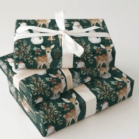 Vintage Christmas Gift Wrap, Woodland Deer Snowman Wrapping Paper, Forest Green Holiday Wrapping Paper, Rustic Winter Gift Wrap Roll