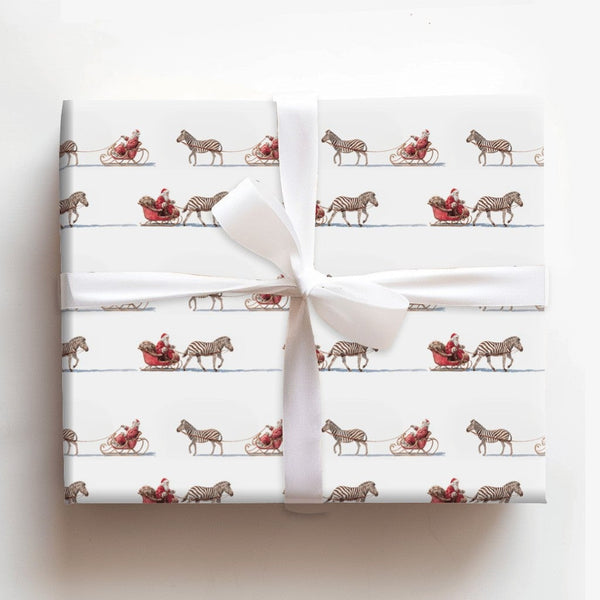 Santa Sleigh Zebra Holiday Gift Wrap, Zebra Sleigh Christmas Wrapping Paper, Whimsical Safari Wrapping Paper, Humorous Xmas G