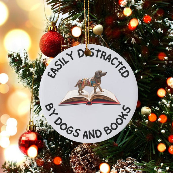 Adorable Dog Reader Christmas Ornament, Easily Distracted by Dogs and Books Ornament, Book Lover Ceramic Tree Ornament, Dog M
