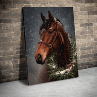 Brown Horse with Festive Wreath in Snow Poster, Christmas Horse Canvas Wall Art, Winter Equestrian Holiday Print, Rustic Digital Download