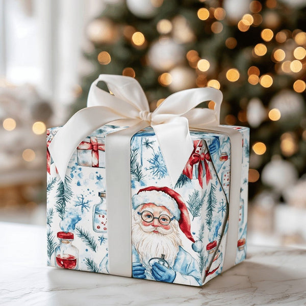 Medical Holiday Gift Wrap, Scientist Santa Wrapping Paper, Lab Coat Santa Christmas Paper, Science Gift Wrap, Doctor Nurse Ho