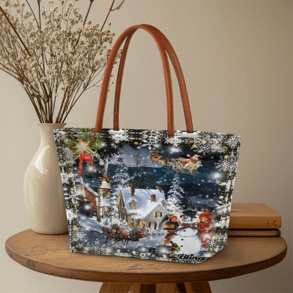 Santa Sleigh and Snowman Tote Bag, Vintage Christmas Scene Tote Bag, Retro Holiday Tote Bag, Winter Shoulder Bag, Festive Xma