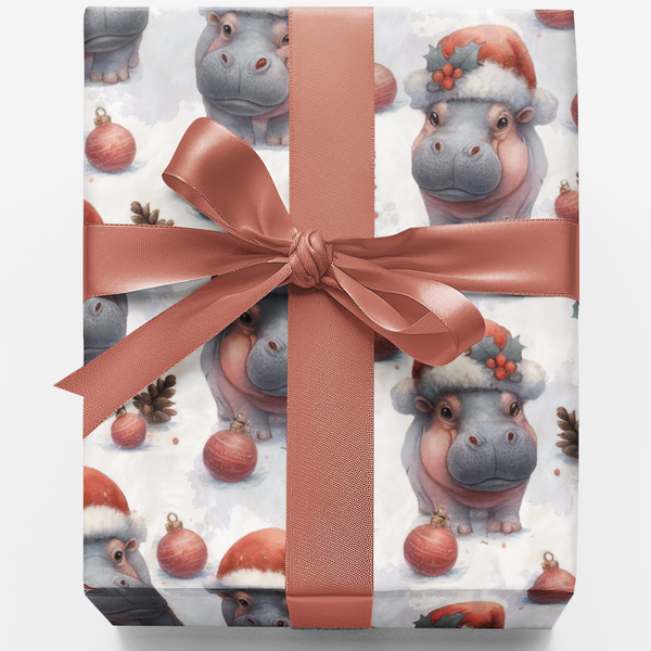 Festive Hippopotamus Gift Wrap, Jolly Hippo Christmas Wrapping Paper, Adorable Animal Holiday Present Paper, Unique Xmas Wrap