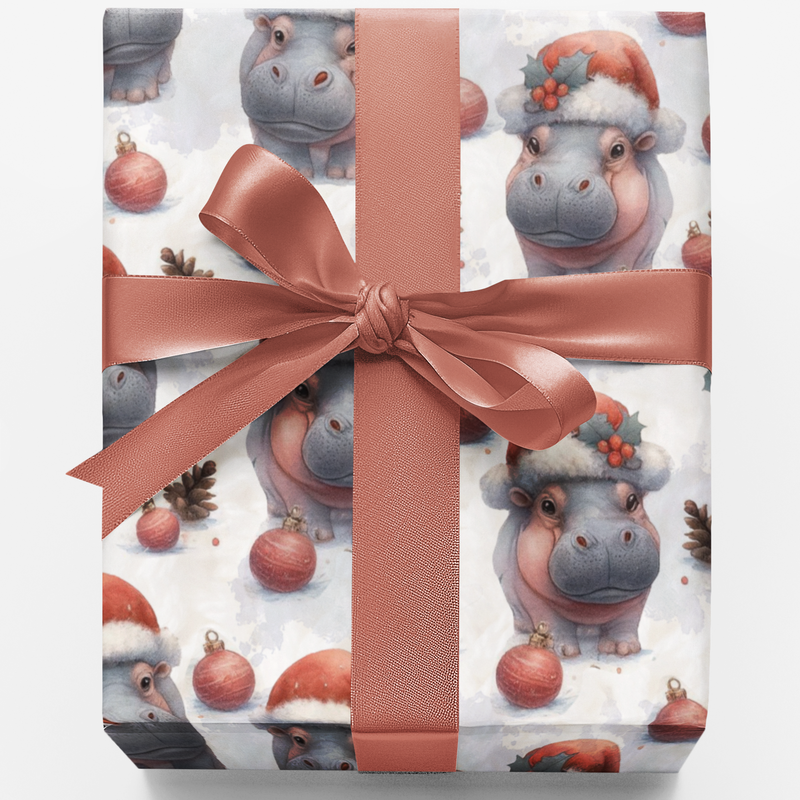 Festive Hippopotamus Gift Wrap, Jolly Hippo Christmas Wrapping Paper, Adorable Animal Holiday Present Paper, Unique Xmas Wrapping Paper Roll