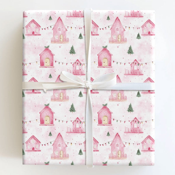 Pastel Holiday House Gift Wrap, Pink Christmas Village Wrapping Paper, Whimsical Winter Wrapping Paper, Festive Pink Xmas Gif