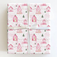 Pastel Holiday House Gift Wrap, Pink Christmas Village Wrapping Paper, Whimsical Winter Wrapping Paper, Festive Pink Xmas Gift Wrap Roll