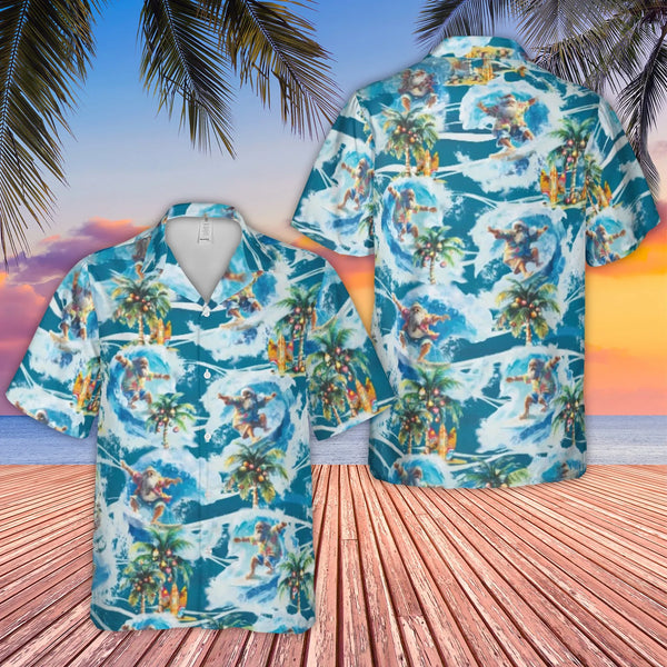 Tropical Christmas Aloha Shirt, Surfing Santa Hawaiian Shirt, Palm Tree Holiday Button Up Shirt, Festive Summer Beach Xmas Pr