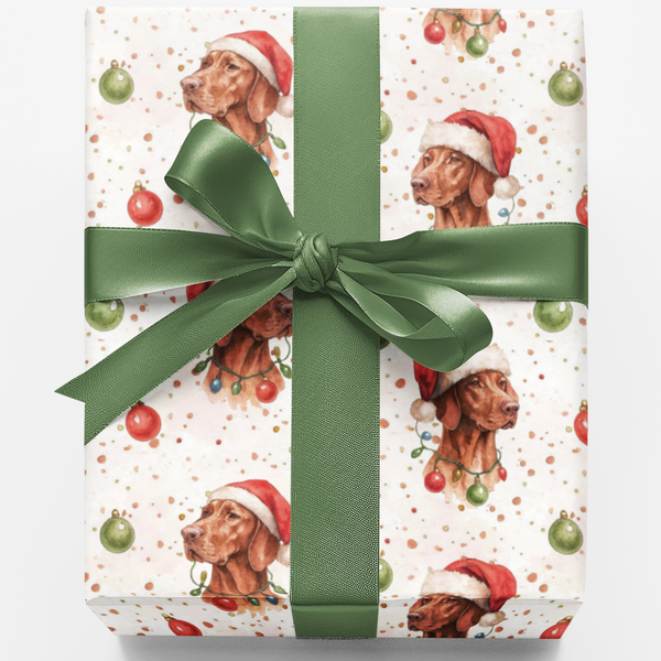 Santa Hat Dog Wrapping Paper, Vizsla Dog Christmas Gift Wrap Paper, Hungarian Vizsla Holiday Present Paper Roll, Festive Xmas