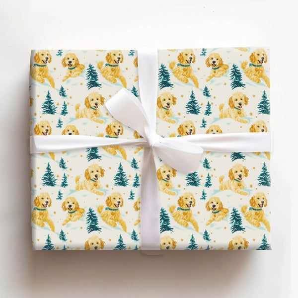 Dog Holiday Gift Wrap Paper, Golden Doodle Christmas Wrapping Paper, Adorable Puppy Wrapping Paper, Snowy Pine Tree Pet Gift 