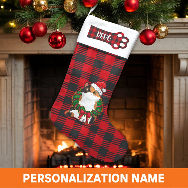 Buffalo Plaid Holiday Stocking, Personalized Calico Cat Christmas Stocking, Custom Pet Xmas Stocking, Comfy Fireplace Decor, 