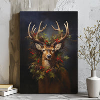 Festive Deer Holly Wreath Canvas Print, Christmas Stag Canvas Wall Art, Rustic Holiday Canvas Art, Winter Deer Wall Decor Present for Home
