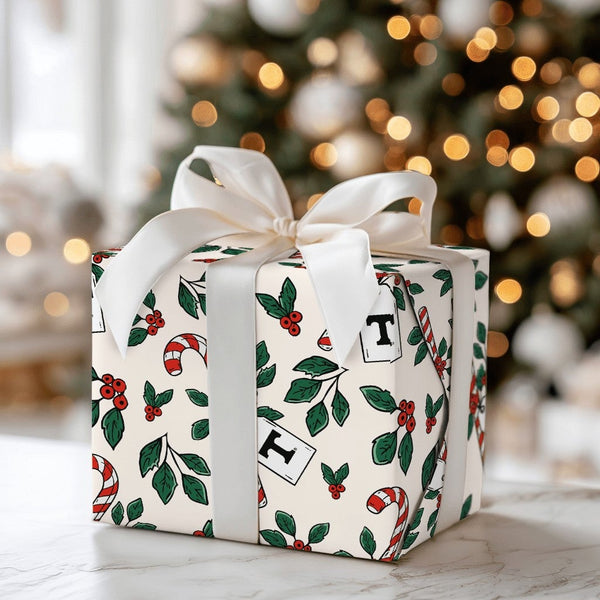 Candy Cane Holly Gift Wrapping Paper, Letter T Monogram Wrapping Paper, Personalized Initial T Christmas Gift Wrap, Holiday G