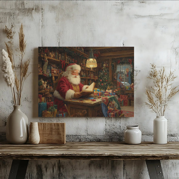Nostalgic Christmas Canvas Print, Vintage Santa Claus Canvas Wall Art, Santa Workshop Wall Art, Holiday Canvas Decor, Xmas Pr
