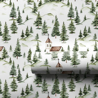 Watercolor Pine Forest Gift Wrap, Country Church Wrapping Paper, Rustic Chapel Present Wrap, Religious Christmas Holiday Paper