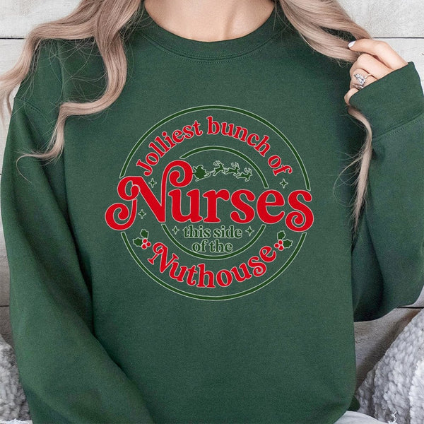 Humorous Christmas Nursing Sweater, Jolliest Bunch of Nurses Sweatshirt, RN Hospital Holiday Crewneck, Medical Worker Xmas Pu