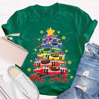 Custom Name Holiday Shirt, Personalized Christmas Tree T-Shirt, Colorful Crayon Snowflake Graphic Tee, Kids Family Christmas Tee