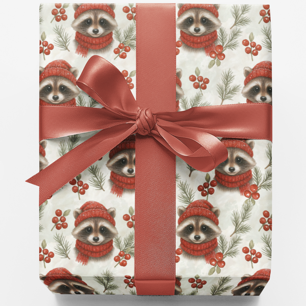 Woodland Animal Holiday Gift Wrap, Christmas Raccoon Wrapping Paper, Adorable Winter Raccoon Wrapping Paper, Festive Botanica