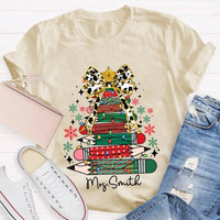 Bow and Colored Pencil Holiday Graphic Tee, Personalized Christmas Tree T-Shirt, Custom Teacher Christmas Shirt, Adorable School Holiday Tee