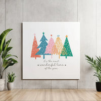 Wonderful Time of the Year Quote Wall Art, Christmas Trees Square Canvas, Whimsical Holiday Doodle Canvas Print, Rustic Winter Wall Decor
