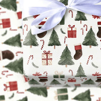 Stocking Candy Cane Gift Wrap, Watercolor Christmas Tree Wrapping Paper, Traditional Holiday Wrapping Paper, Festive Gift Wrap Paper Roll