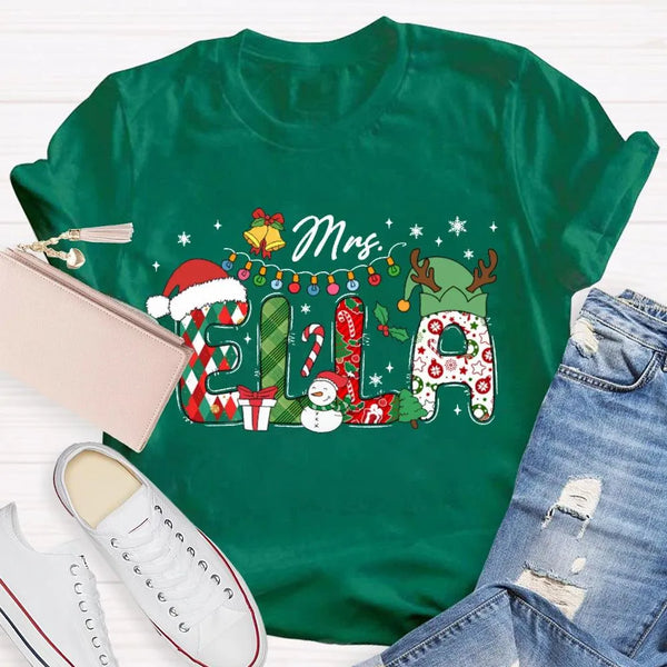 Personalized Snowman Holiday Shirt, Custom Snowman Christmas T-Shirt, Santa Hat Snowman Tee, Adorable Xmas Graphic T-Shirt, W