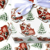 Classic Christmas Gift Wrap, Vintage Santa Sleigh Wrapping Paper, Watercolor Santa Reindeer Sleigh Wrapping Paper